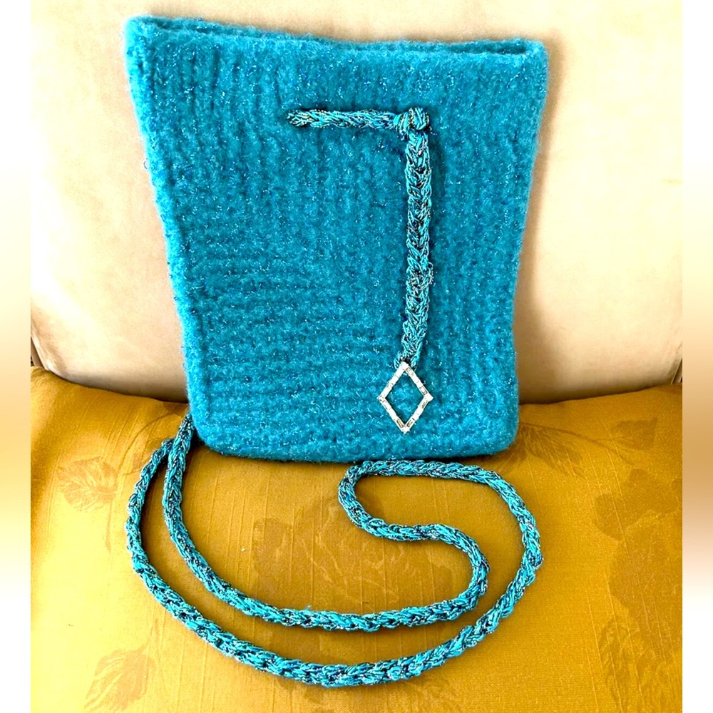 Knitted Wool Blue Green and Metallic Handmade Crossbody Bag